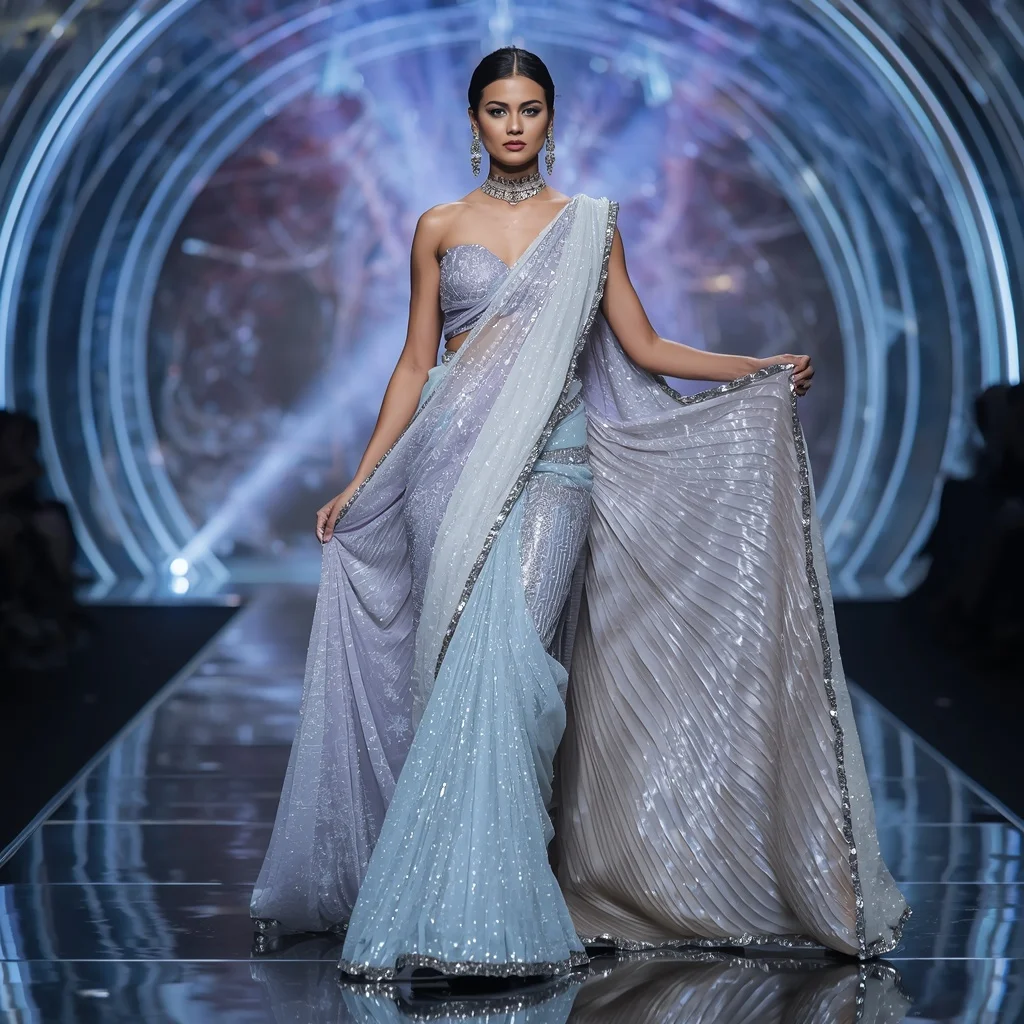 Arctic Prism Infinityqueen Dynasty Festival Saree with Aurora Crystal Crown Dominion Empire Jewel Vault Runway | Ai Selfie Prompt