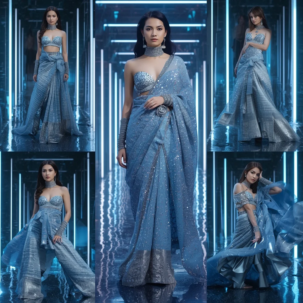 Arctic Sapphire Majesty Saree with Crystal Infinity Hallways | Ai Art Prompt