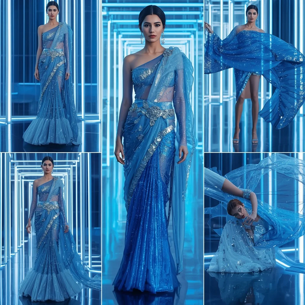 Arctic Sapphire Symphony Saree with Crystal Infinity Corridors | Attitude Ai Prompt