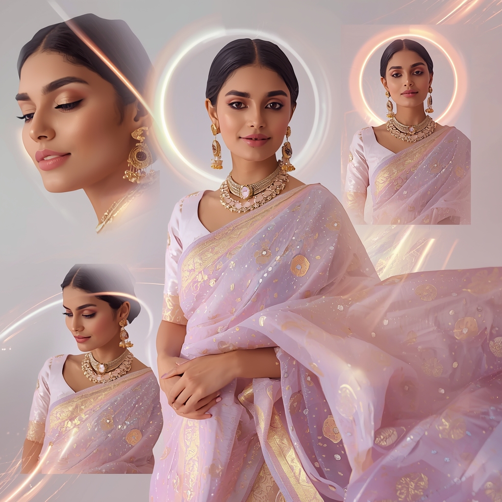 Astral Pulse Halo Flow Pastel Saree Indian Woman Premium Composition | Saree Ai Prompt