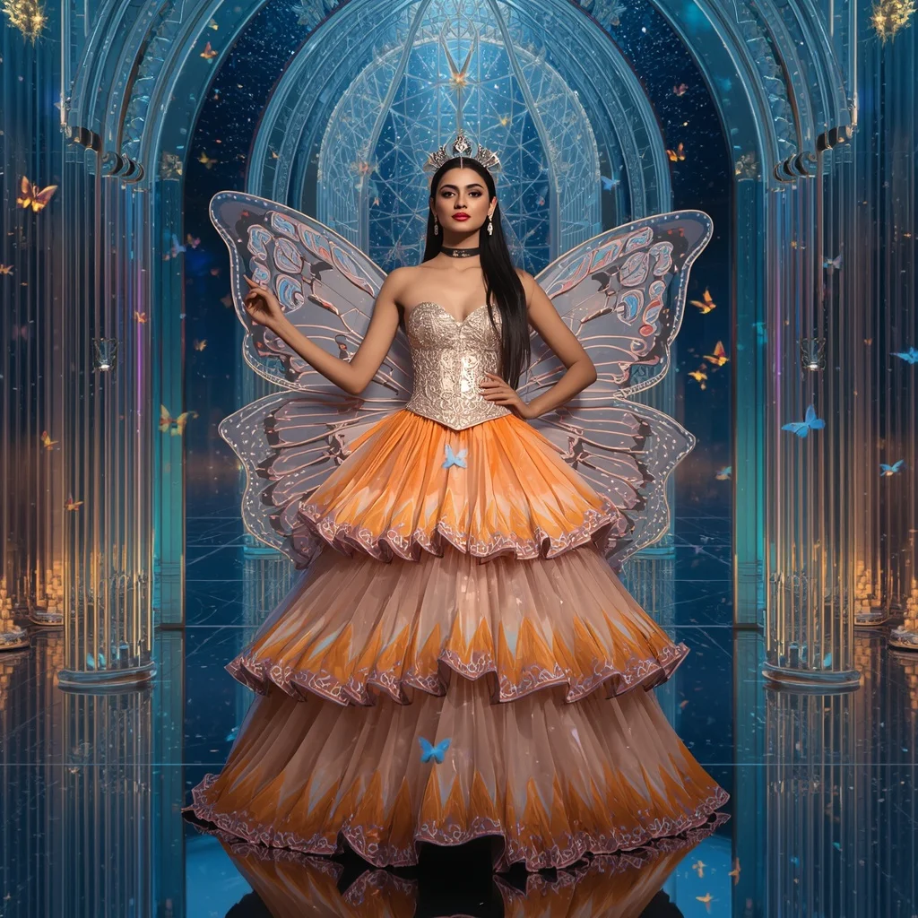 Aurora Butterfly Queen Saree with Celestial Glass Palace Background | Fashion Ai Prompt