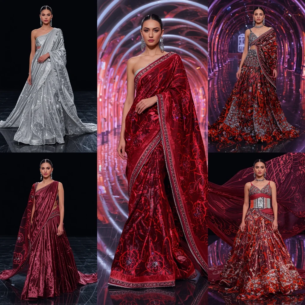 Aurora Diamond Inferno Saree with Floating Neon Eclipse Corridors | Trending Ai Prompt