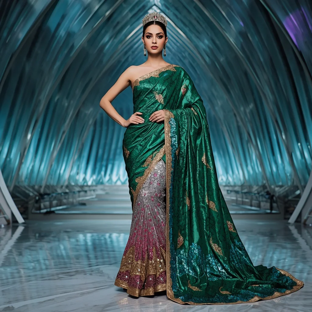 Aurora Emerald Infinityqueen Dynasty Festival Saree with Celestial Ribbon Jewel Crown Dominion Empire Cathedral | Cinematic Ai Prompt