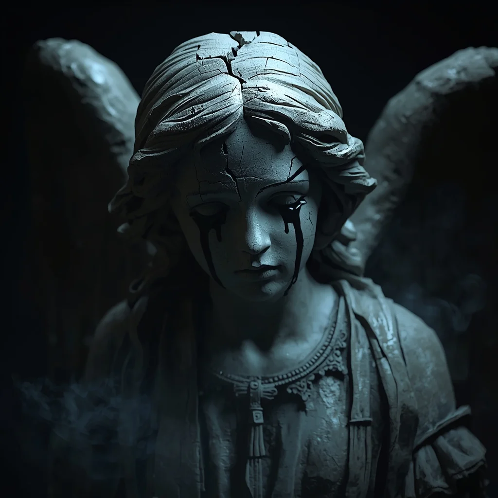 Broken Angel Statue Crying Black Tears in Darkness | Instagram Reel Ai Prompt