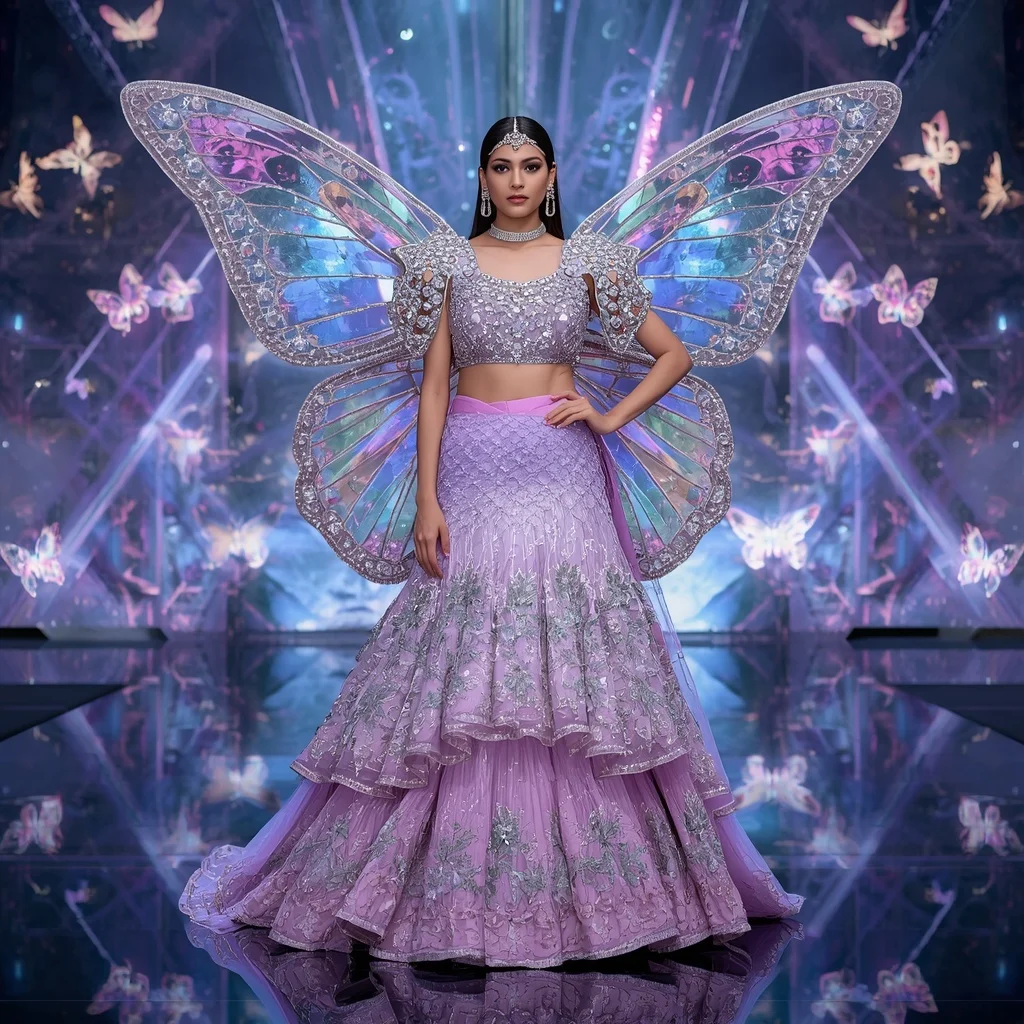 Celestial Diamond Butterfly Dome Saree with Infinity Prism Palace Background | Ai Image Prompt
