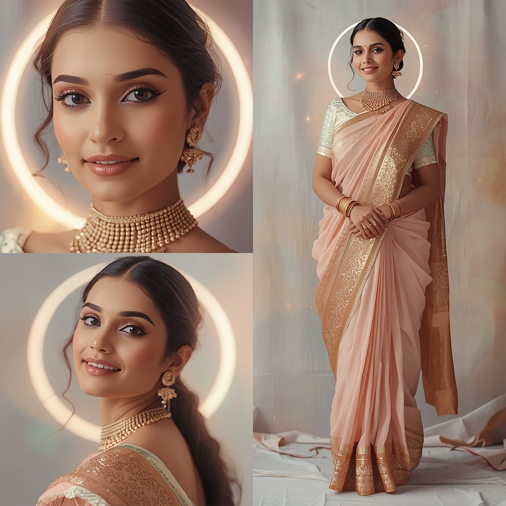 Celestial Pulse Halo Drift Pastel Saree Indian Woman Luxury Composition | Gemini Ai Prompt Saree Copy Paste