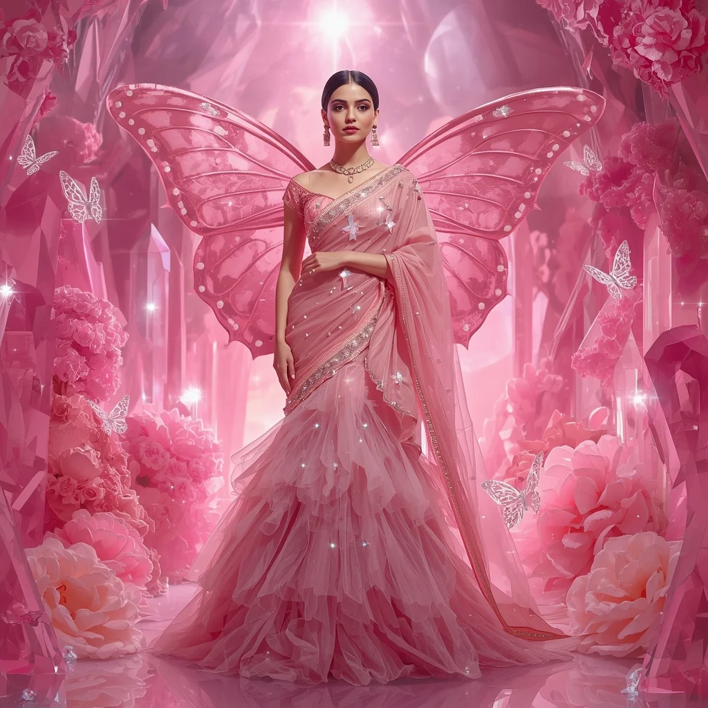 Celestial Rose Butterfly Saree with Pink Crystal Kingdom Background | Instagram Post Ai Prompt