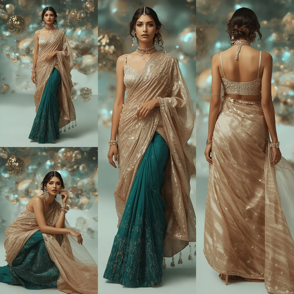 Champagne Ocean Symphony Saree with Floating LED Domes | Gemini Ai Prompt