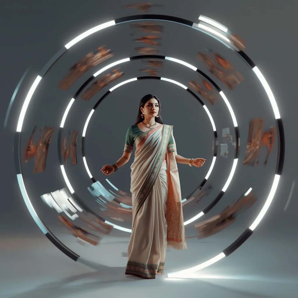 Circular Frame Motion Saree Prompt with Rotating Rings and Cinematic Depth Flow Design | New Prompt Photo