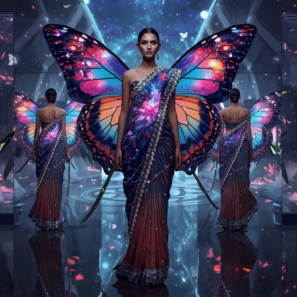 Cosmic Galaxy Butterfly Saree with Multi Pose Space Fantasy Background | Cute Ai Prompt