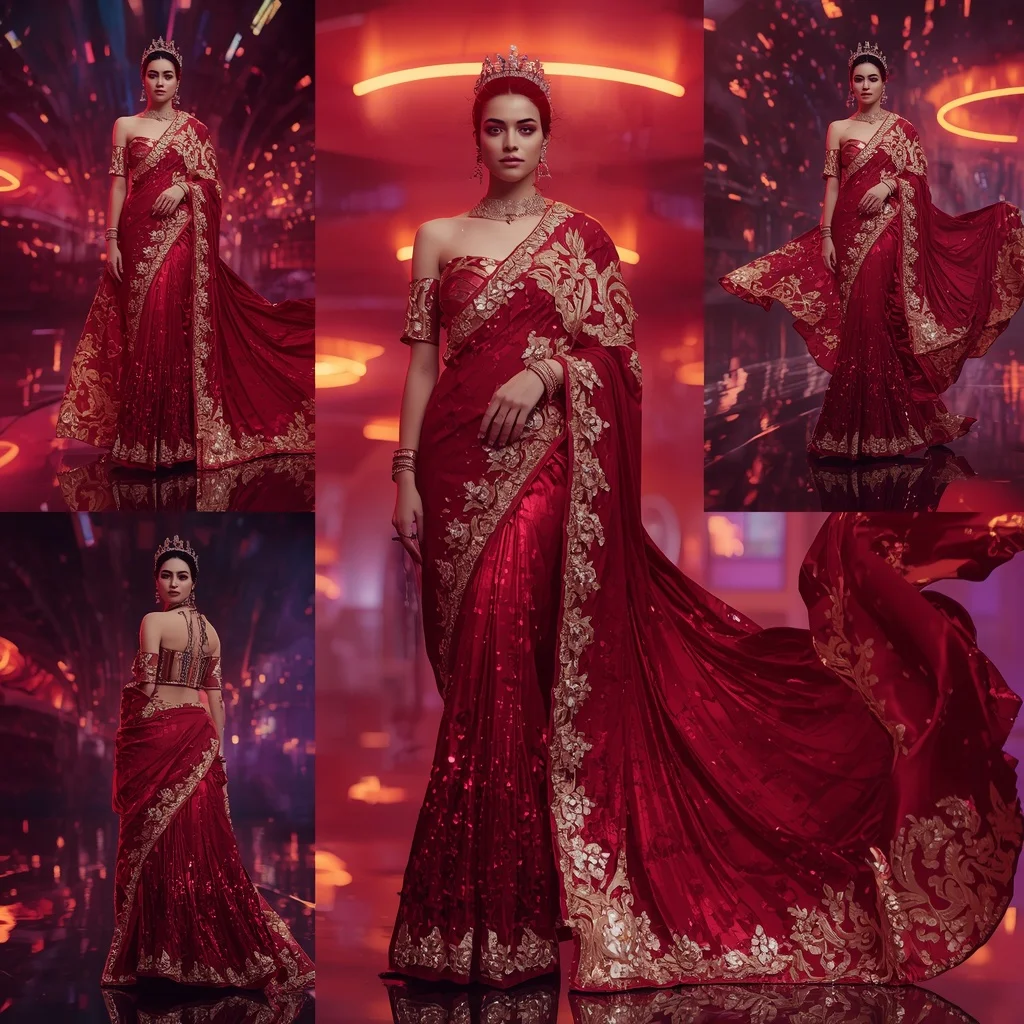 Cosmic Ruby Illusion Saree with Floating Neon Crown Corridors | Instagram Carousel Ai Prompt