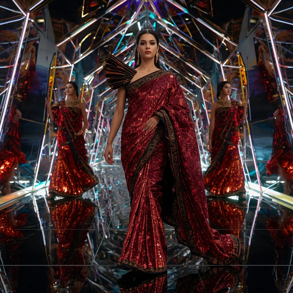 Crimson Galaxy Armor Saree with Prism Tunnel Architecture | Google Prompt