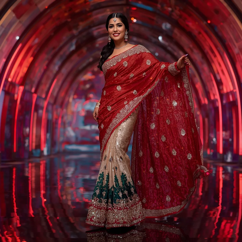 Crimson Moonstone Infinityveil Lotus Festival Saree with Luxe Aurora Infinity Crown Dominion Empire Palace | Whatsapp Dp Ai Prompt
