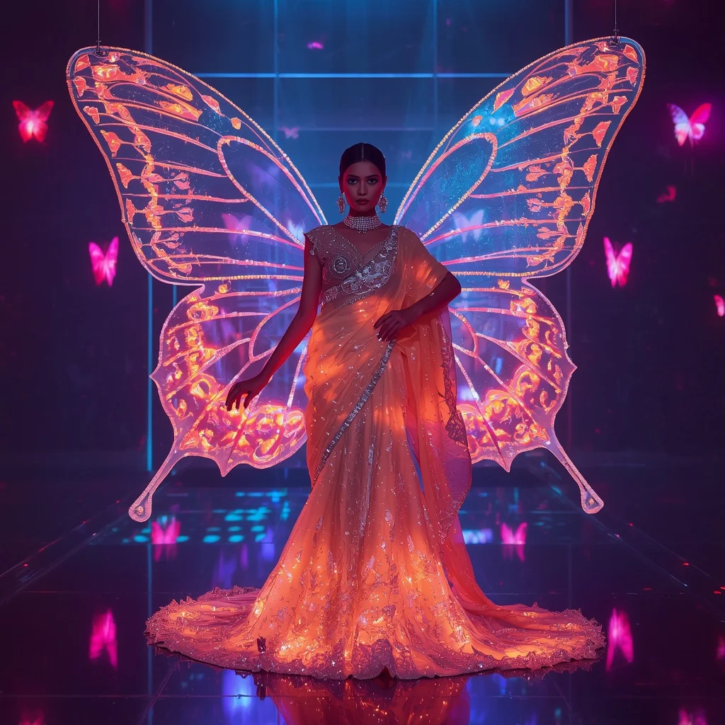 Crystal Flame Butterfly Saree with Neon Fantasy Ballroom Background | Prompt Chatgpt