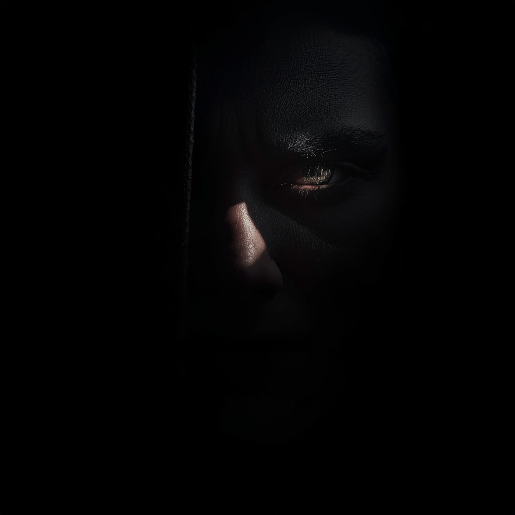 Dark Cinematic Portrait with Single Light Source and Deep Shadows | Gemini AI Prompt