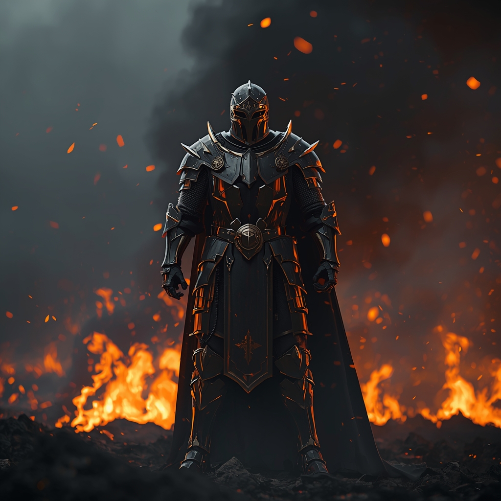 Dark Fantasy Knight Standing in Fire Lit Battlefield | Ai Prompt For Instagram