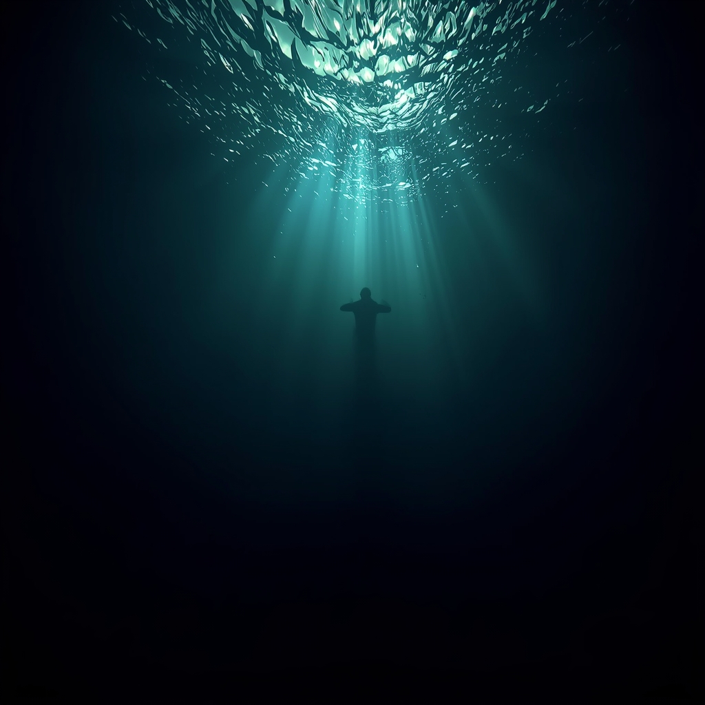 Dark Underwater Scene with Shadowy Creature Emerging | Gemini Ai Photo Prompt