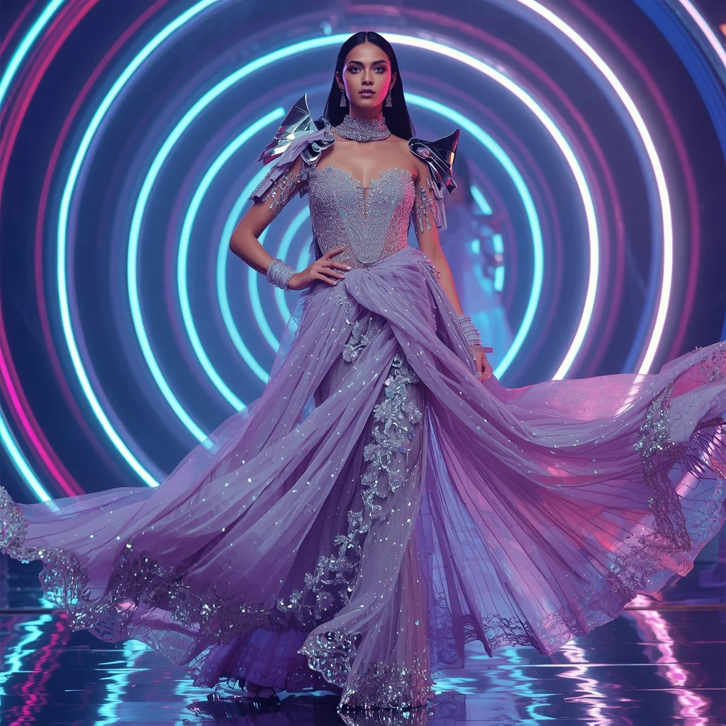 Diamond Prism Mirage Saree with Holographic Spiral Kingdom | Saree Photo Ai Prompt
