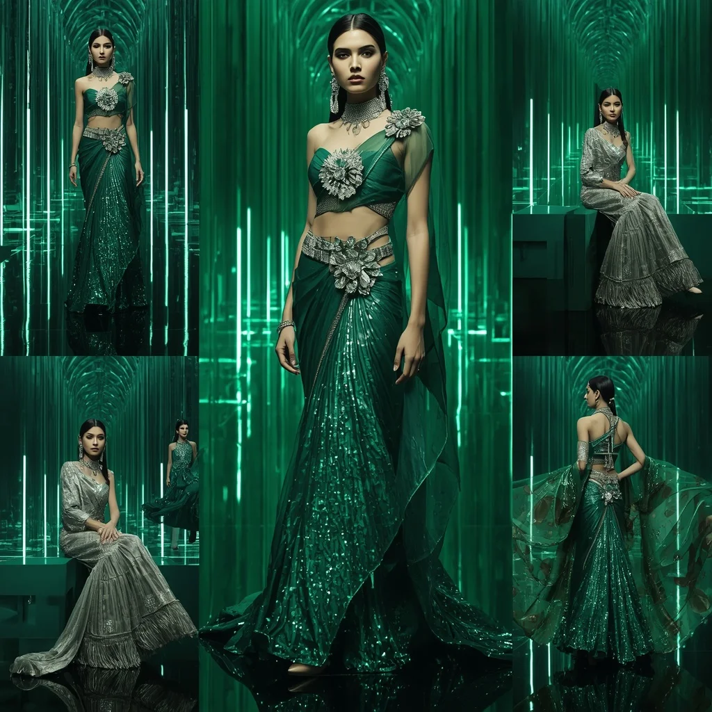 Emerald Aurora Mirage Saree with Infinite Prism Cathedrals | Lighting Ai Prompt