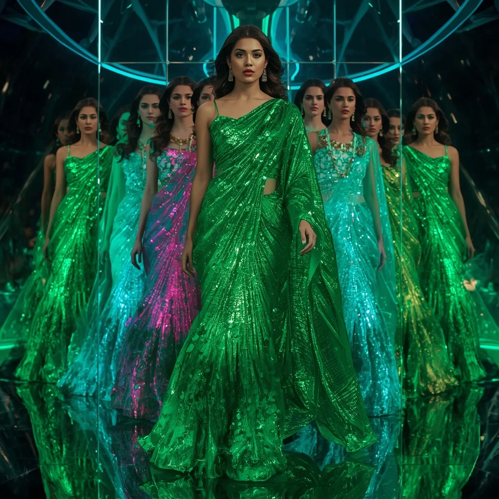 Emerald Cosmic Lightning Saree with Floating Runway Motions and Neon Reflection Quantum Galaxy Hypercube | Free Ai Prompt