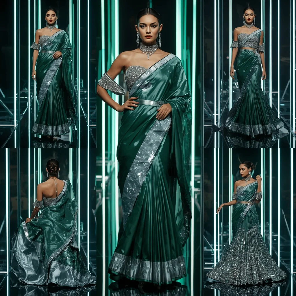 Emerald Moonlight Dynasty Saree with Neon Reflection Chambers | Gemini Ai Prompt