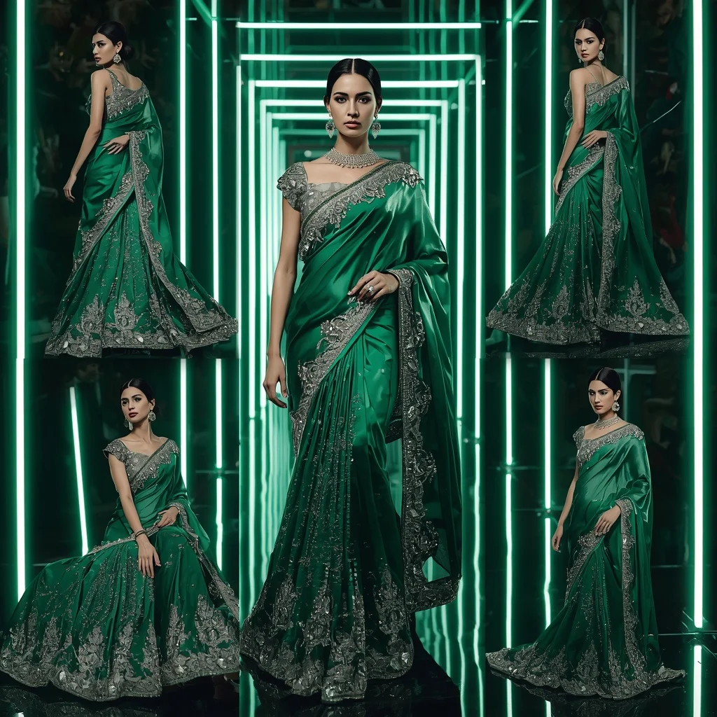 Emerald Moonlight Fantasy Saree with Neon Reflection Corridors | Ai Art Prompt
