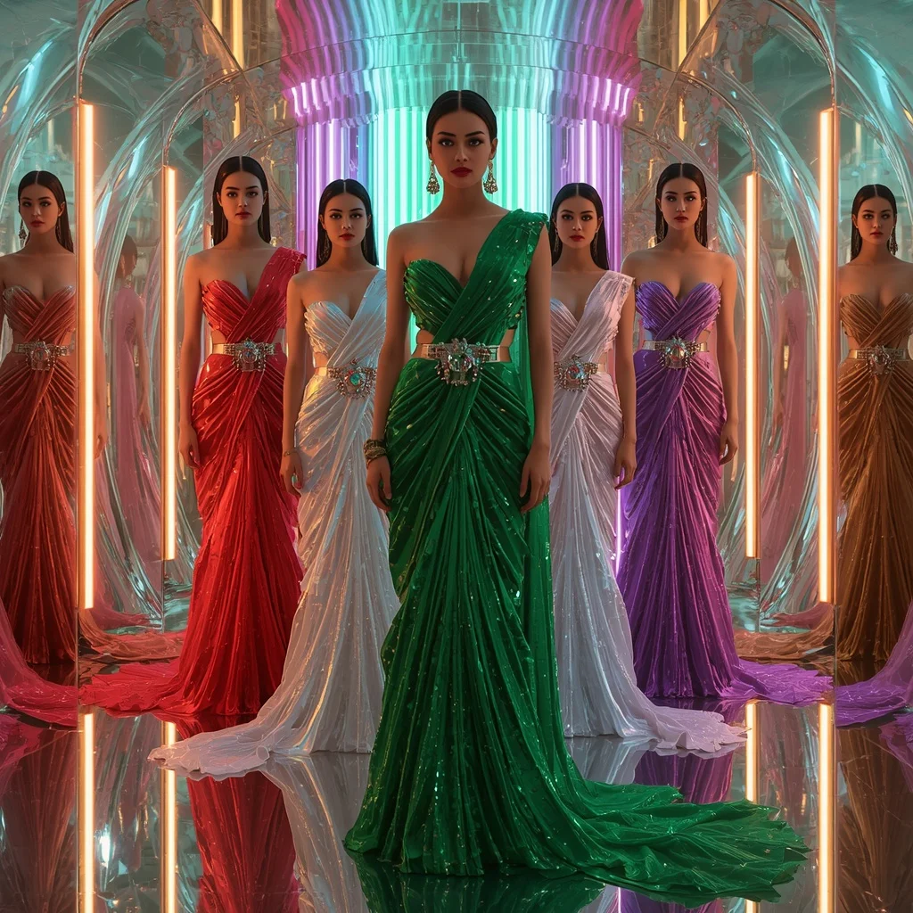 Emerald Prism Celestial Infinity Hyperqueen Saree with Multi Editorial Frames and Neon Aurora Quantum Hyperverse | Free Ai Prompt