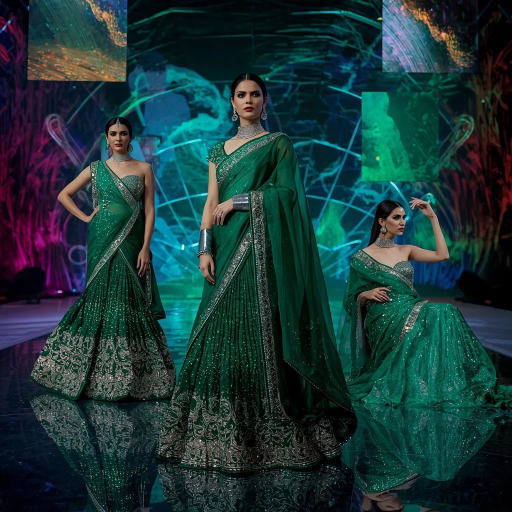 Emerald Pulse Metallic Saree with Digital Infinity Dome | Sora Ai Prompt