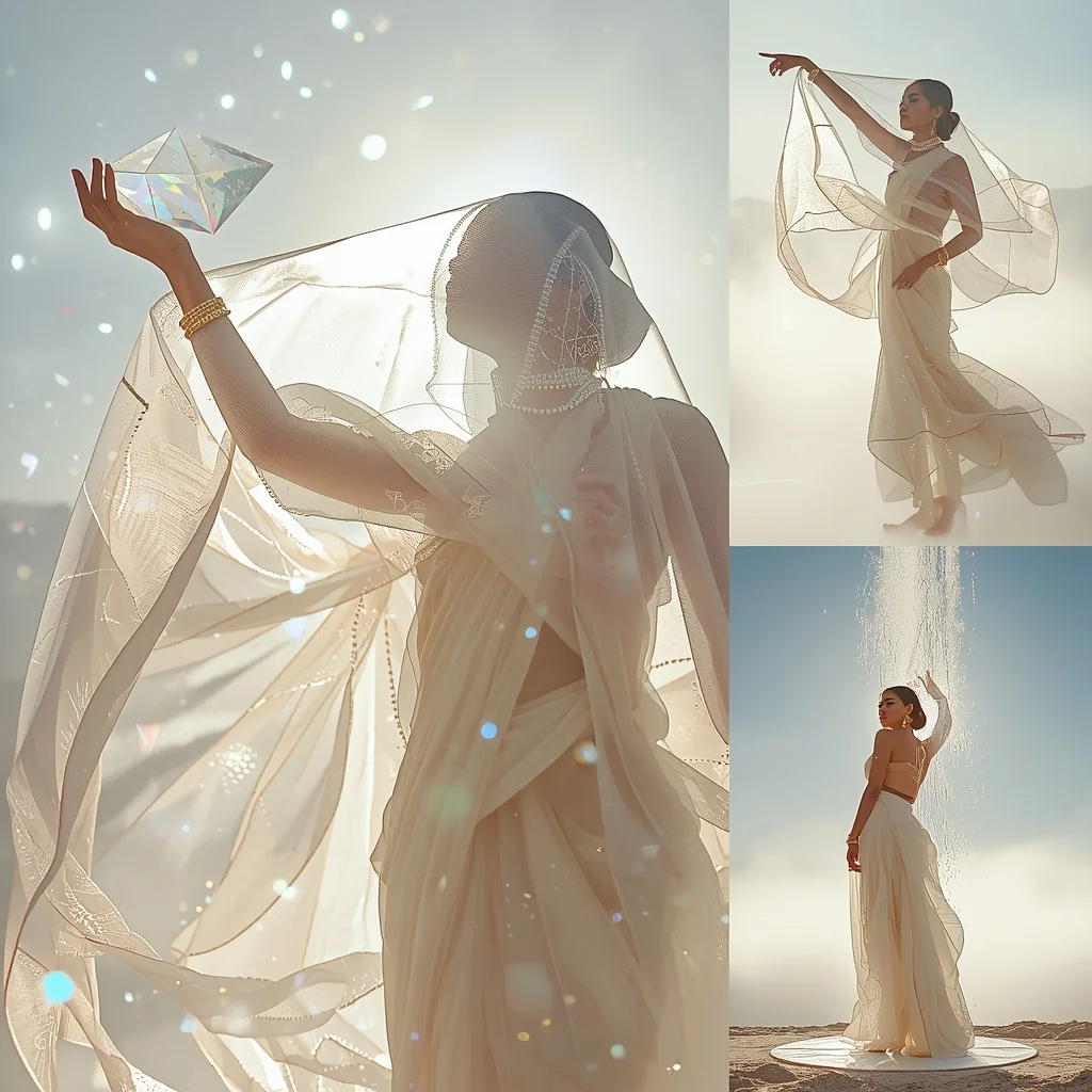 Fancy Festival Saree Holographic Crystal Mist Drape | New Ai Prompt Text