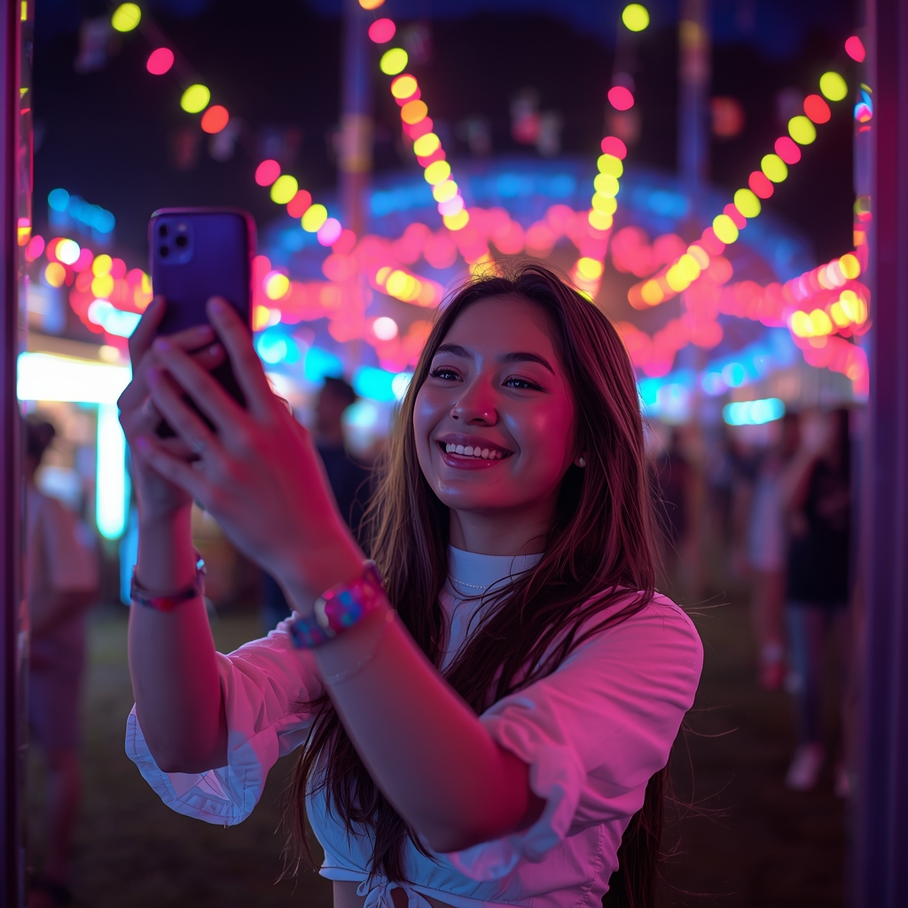 Festival Lights Mirror Selfie Night Fair Girl Colorful Glow Viral Look | Instagram Profile Pic Ai Prompt