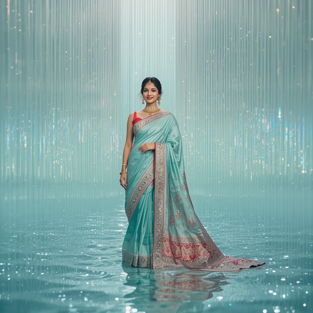 Festive Fancy Saree Aqua Holographic Ripple Luxury Aesthetic | Prompt For Saree In English