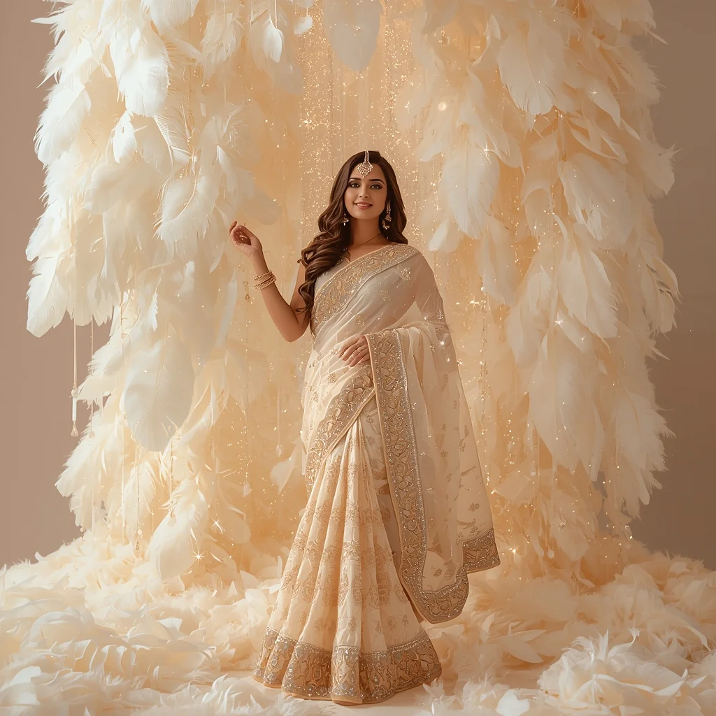 Festive Fancy Saree Champagne Feather Sparkle Luxury Aesthetic | Trending Prompt Copy Paste