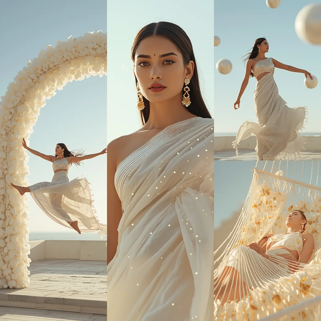 Festive Fancy Saree Quantum Weave Luminous Pearl | Instagram Prompt For Traditional Look For Girl