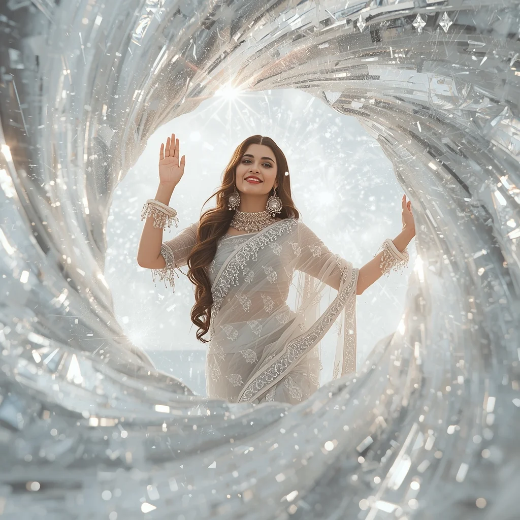 Festive Fancy Saree Silver Frost Sunlight Luxury Cinematic | Trending Prompt In Instagram Ai Photo