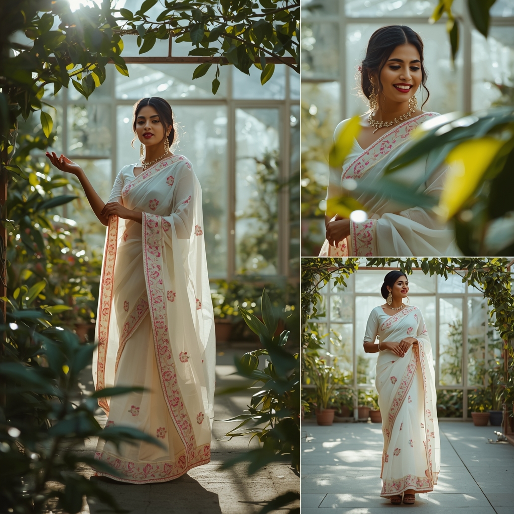 Festive Fancy Saree Sunlit White Bioluminescent Greenhouse Setup | Cinematic Saree Ai Prompt