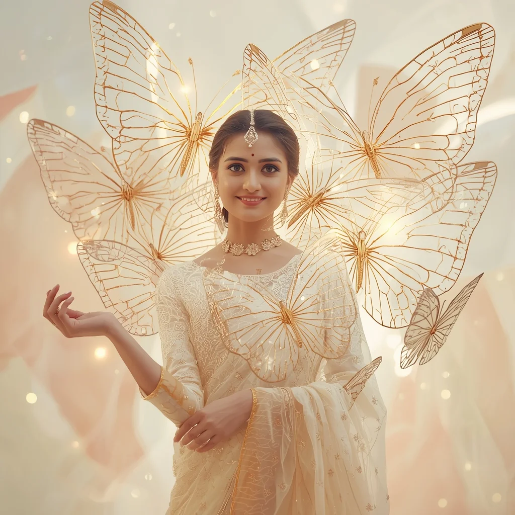 Festive Fancy Saree White Gold Butterfly Wireframe Premium Cinematic | Saree Ai Prompt