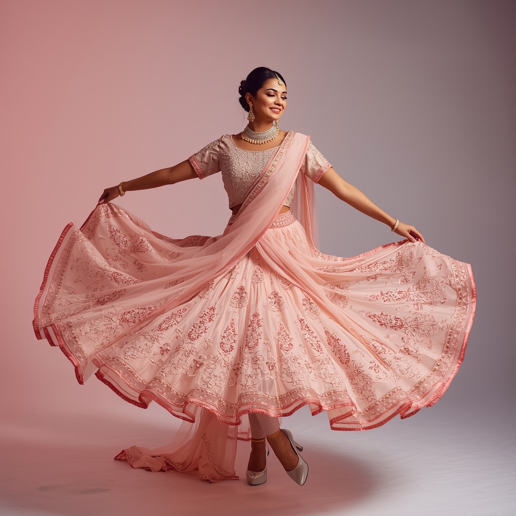 Festive Lehenga Girl Cross Step Spin Bloom Motion Pose | Ai Image Generator Prompt