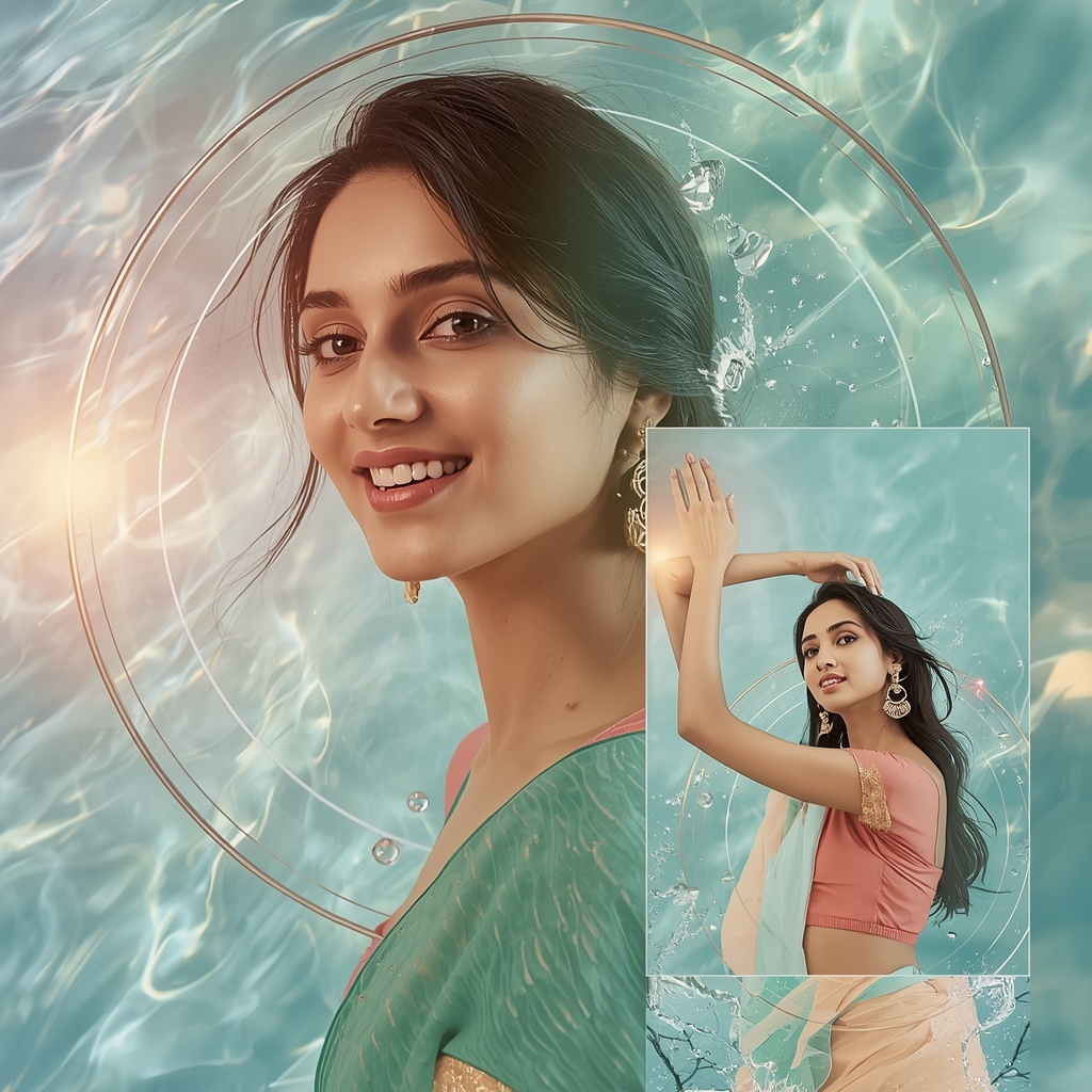 Festive Pastel Saree Aqua Shine Orbit Pulse Wave Collage | Prompt For Gemini Saree