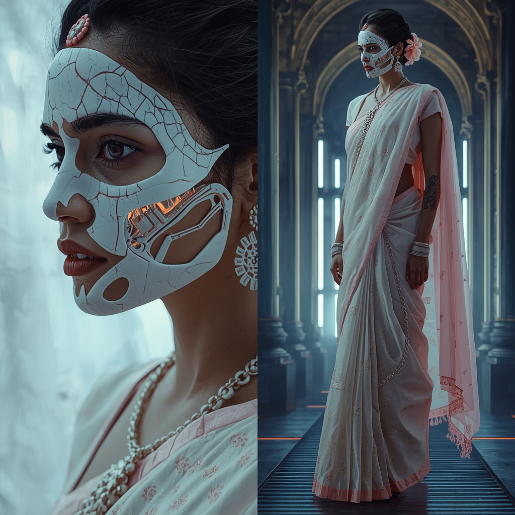Festive Pastel Saree Biomechanical Porcelain Cyborg Collage | Fragile Cyberpunk Cinematic | Image Prompt