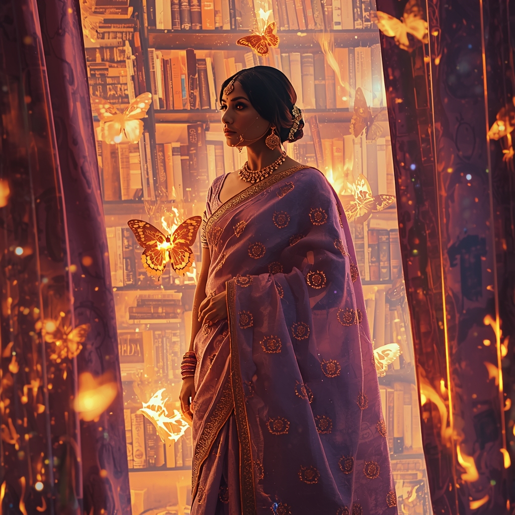 Festive Pastel Saree Burning Crystal Library Of Living Books Collage | Poetic Fire Prompt | Saree Woman Ai Prompt