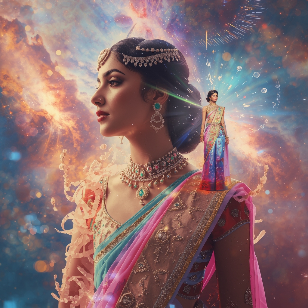 Festive Pastel Saree Celestial Crystal Devouring Nebula Collage | Insane Mythic Prompt | Saree Prompt For Gemini Ai