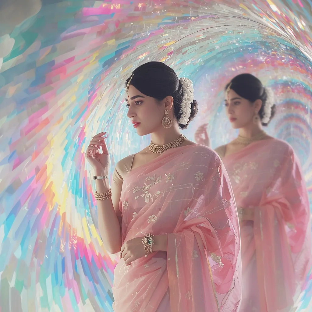 Festive Pastel Saree Chromatic Wave Refraction Tunnel Collage Cinematic Aesthetic | Prompt For Girls Chatgpt