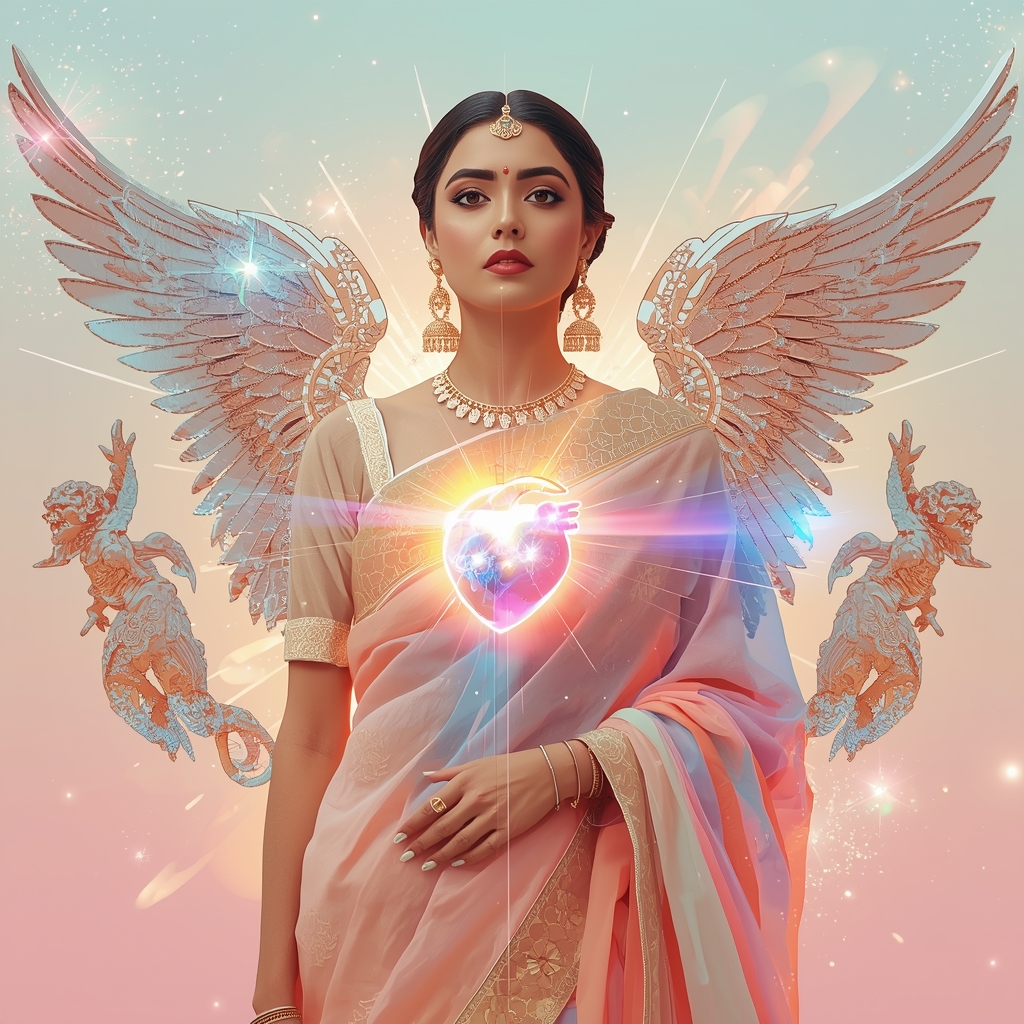 Festive Pastel Saree Clockwork Crystal Angel Heart Collage | Steampunk Divine Prompt | Gemini Saree Ai Photo Prompt