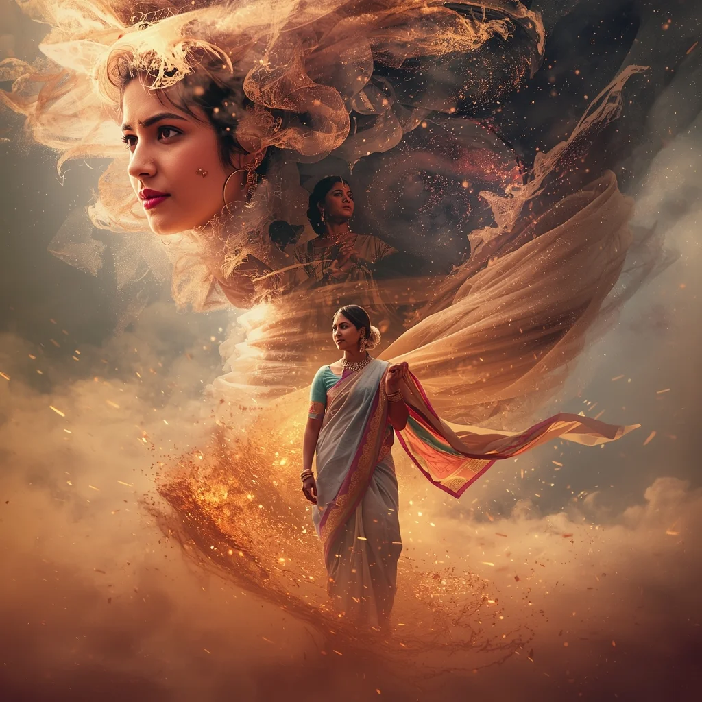 Festive Pastel Saree Cosmic Dust Tornado Collage | Galaxy Storm Prompt | Prompt For Gemini Saree
