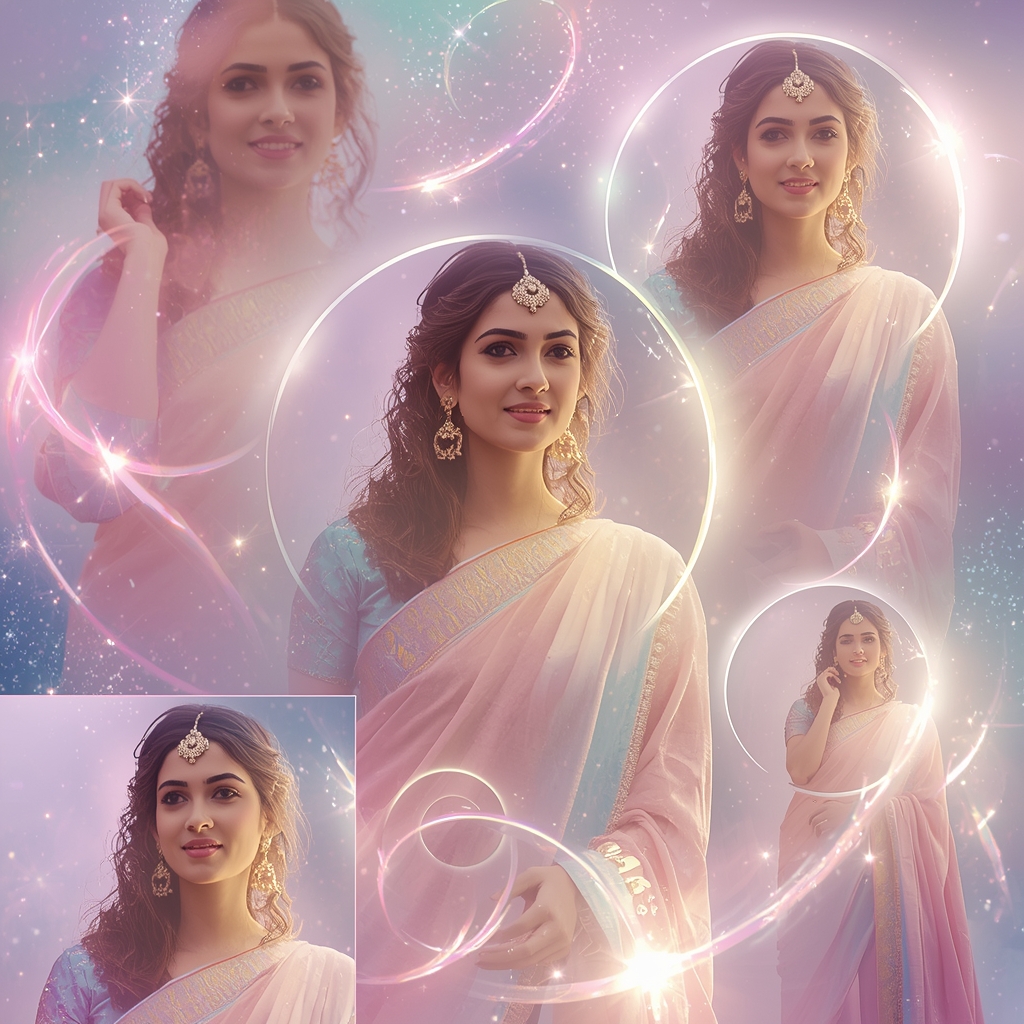Festive Pastel Saree Cosmic Rings Collage | Indian Girl Galaxy Glow Aesthetic Soft Cinematic Viral Prompt | Saree Photoshoot Prompt Ultra Realistic