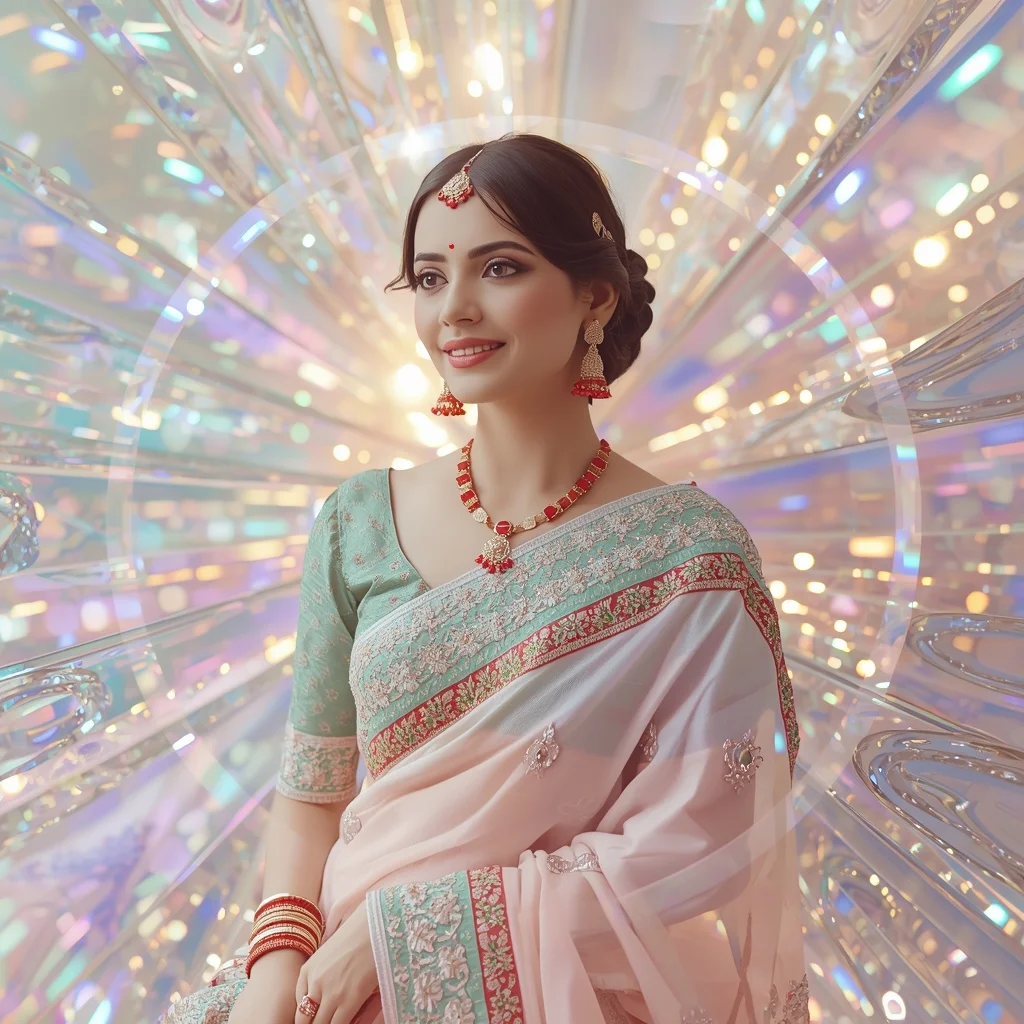 Festive Pastel Saree Crystal Halo Wave Burst Collage Premium Cinematic | Gemini Prompt