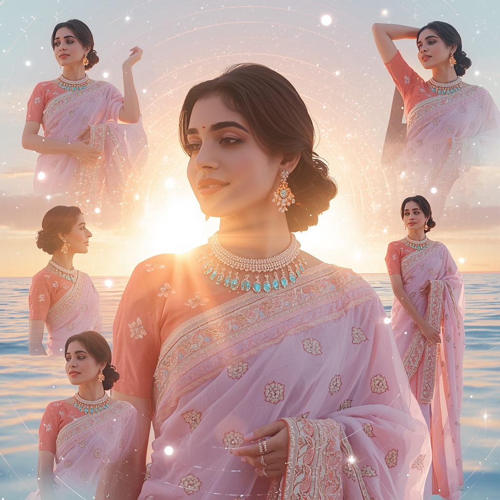 Festive Pastel Saree Crystal Horizon Pulse Bloom Collage | Gemini Ai Saree Photo AI Prompt