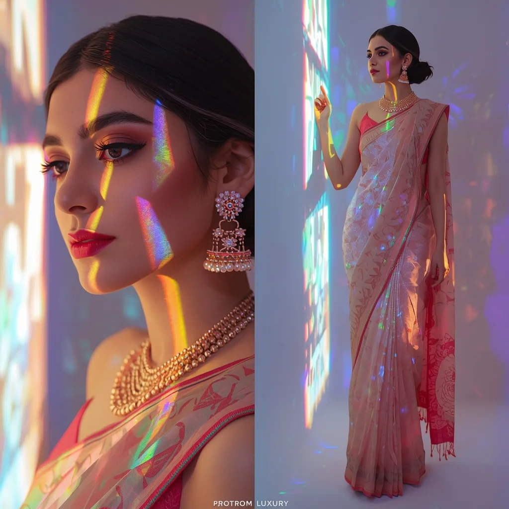 Festive Pastel Saree Crystal Prism Light Collage | Spectrum Luxury Prompt | Saree Ai Prompt