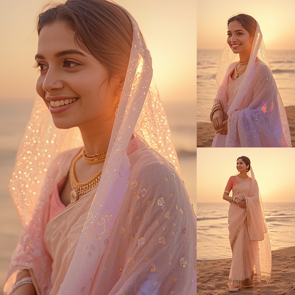 Festive Pastel Saree Dawn Glow Drift Pulse Horizon Collage | Saree Girl Ai Prompt