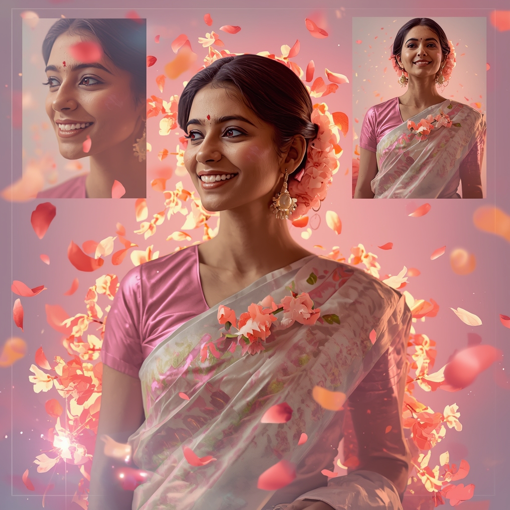 Festive Pastel Saree Dream Glow Petal Burst Collage Cinematic | Saree Look Ai Prompt Modern Style